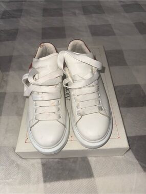 Alexander McQueen White Leather Sneakers with Red Heel Tab